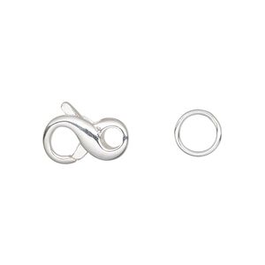 Clasp lobster claw 1pkg4 silver-plated, 14.5x9mm infinity / 8mm closed jump ring, brass 1-strand
