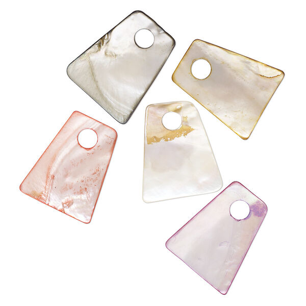 Focal mix, mother-of-pearl shell (dyed), multicolored, 60x46mm-62x46mm trapezoid, Mohs hardness 3-1/2. Sold per pkg of 5. image number 0