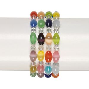 Bracelet, stretch, cat's eye glass (fiber optic glass), multicolored, 6mm bicone and 12x8mm oval, 6 inches. Sold per pkg of 4.