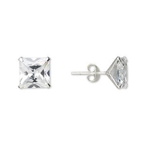 Earstud, sterling silver and cubic zirconia, clear, 9mm faceted square with post. Sold per pair.