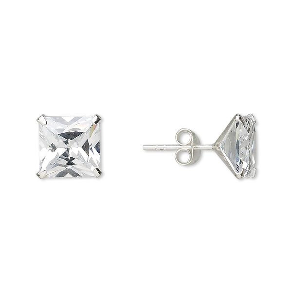 Earstud, sterling silver and cubic zirconia, clear, 9mm faceted square with post. Sold per pair. image number 0