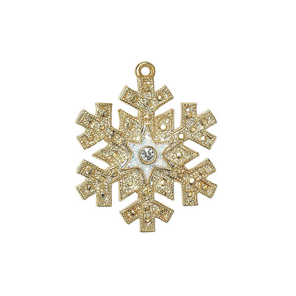 Charm, enamel / crystals / gold-finished "pewter" (zinc-based alloy), white and crystal clear with glitter, 23.5x21mm single-sided snowflake. Sold individually. image number 0