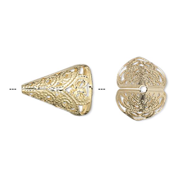Cone, gold-plated brass, 16mm fancy filigree, 13x10mm inside diameter. Sold per pkg of 100. image number 0
