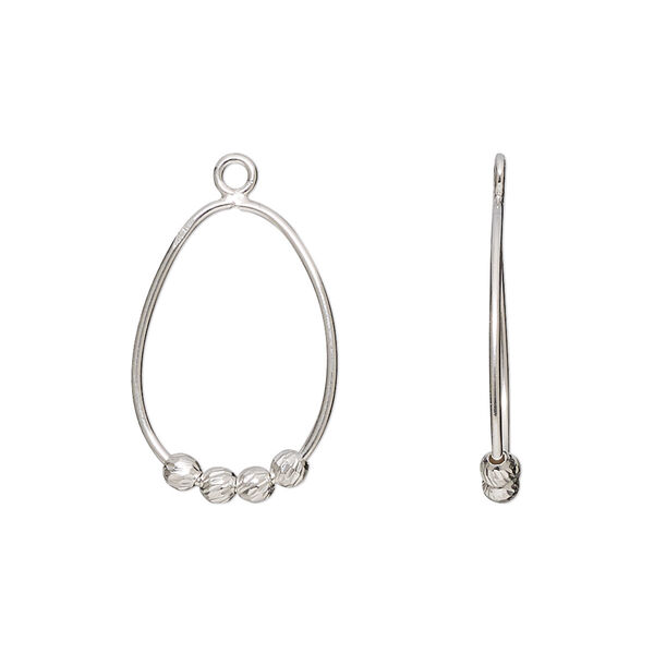 Drop, sterling silver, 20x14mm double-sided open teardrop with (4) 2.5mm diamond-cut round beads. Sold per pkg of 2. image number 0