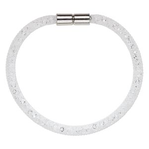 Bracelet, nylon / acrylic / imitation rhodium-finished "pewter" (zinc-based alloy), white and clear, 4mm wide mesh, 7-1/2 inches with magnetic clasp. Sold individually.