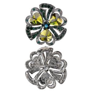 Brooch, glass rhinestone and gunmetal-plated "pewter" (zinc-based alloy), green AB / green / peridot, 45x45mm bow. Sold individually.
