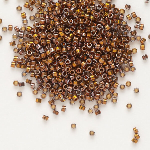 Seed bead, Delica®, glass, pkg/50g, #11 round, opaque 24Kt gold-plated iris red (DB-0506). image number 0