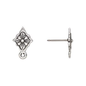 Earstud 1pkg10 TierraCast® antique silver-plated / pewter (tin-based alloy), 14x10mm scalloped diamond / reina, 21 gauge 5 pair