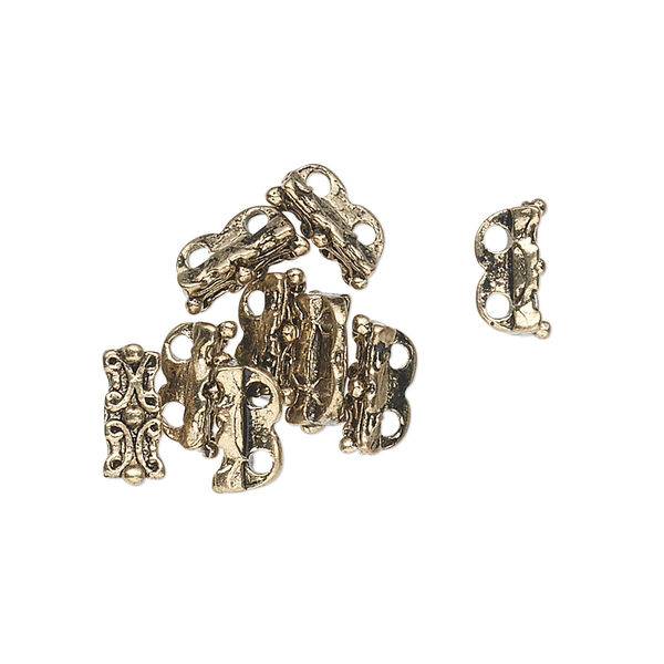 Spacer bar, antique gold-finished "pewter" (zinc-based alloy), 10x4mm 2-strand rectangle, fits up to 4mm bead. Sold per pkg of 10. image number 0