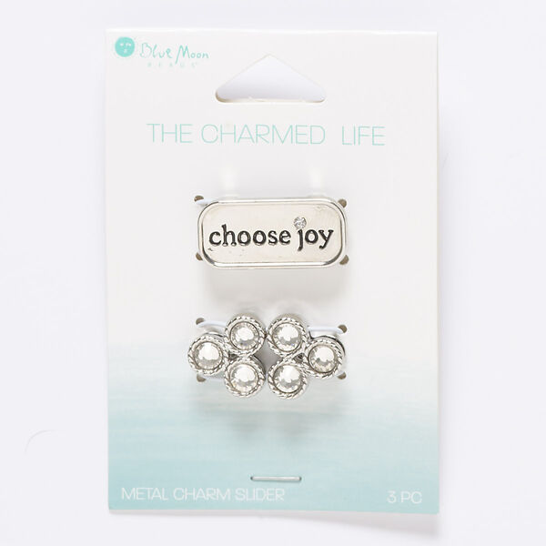 Slide mix, glass / silver- / antique silver-finished "pewter" (zinc-based alloy), clear, (2) 15mm rounded triangle and (1) 27x13mm rounded rectangle with "choose joy," 10x2mm hole. Sold per pkg of 3. image number 0