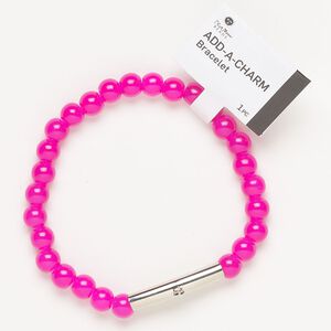 Bracelet, stretch, silver-finished brass and glass, hot pink, 6mm round and 25x5m round tube with bottom loop, 6-1/2 inches. Sold individually.