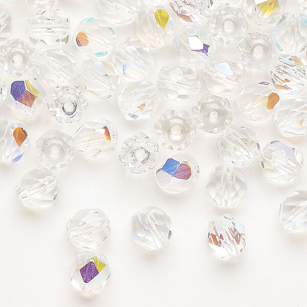 Bead, Czech fire-polished glass, pkg/100, clear AB, 6mm faceted round. image number 0