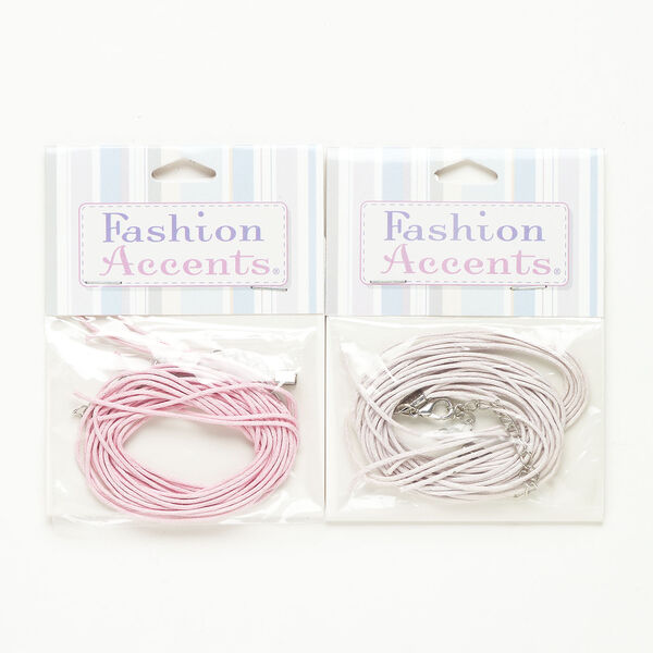 Cord and finding assortment 1pkg2, silver-finished steel and waxed cotton, pink and lavender, 6mm round cord with lobster claw clasp, 18 inches. image number 0
