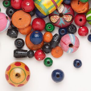 Bead mix wood 1pk 6-24x18mm mixed shapes painted mixed colors, 50 gram