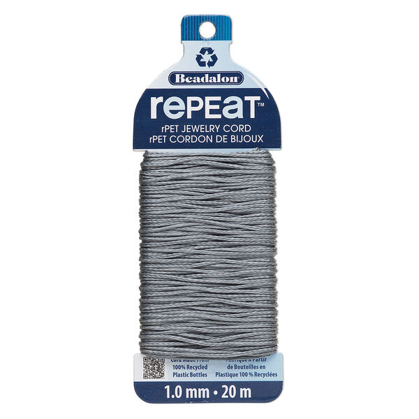 Cord, Beadalon® RePEaT™, recycled polyethylene, grey, 1mm, 100-pound test. Sold per 20-meter card. image number 0