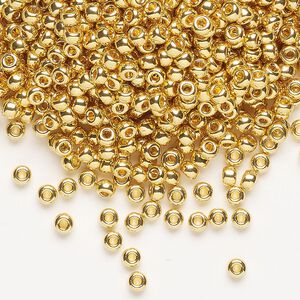 Seed bead, Miyuki, glass, pkg/250g, #8 rocaille, opaque 24Kt gold-plated (RR-191).