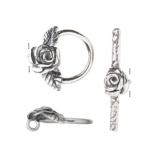 Clasp, JBB Findings, toggle, antiqued sterling silver, 18x16.5mm ring with rose accent. Sold individually. image number 0
