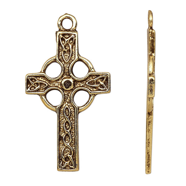 Focal, antique gold-plated pewter (tin-based alloy), 45x27mm Celtic cross. Sold individually. image number 0