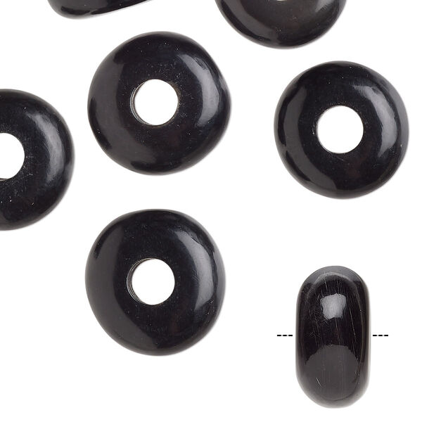 Bead, Dione®, horn (dyed), opaque black, 14x7mm hand-cut rondelle. Sold per pkg of 6. image number 0