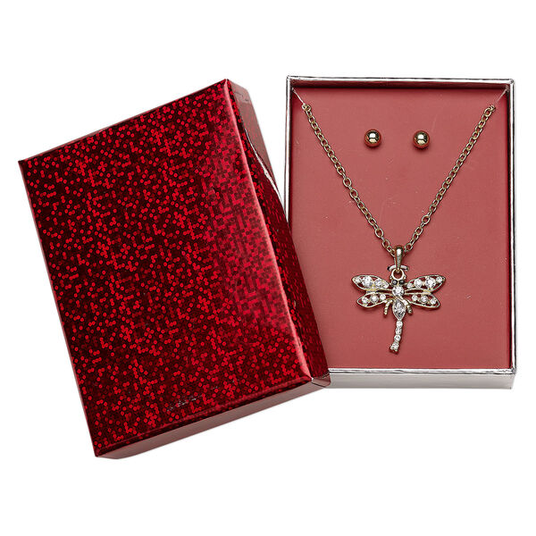 Necklace and earring set, glass with gold-finished steel and pewter (tin-based alloy), black and clear, 25x25mm dragonfly, 16 inches with 3-inch extender chain and lobster claw clasp, 5mm earrings with round and post. Sold per set. image number 0