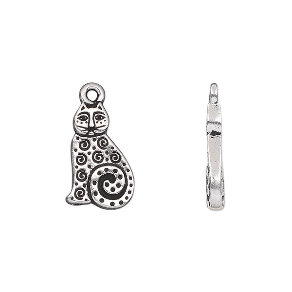 Charm, TierraCast®, antique silver-plated pewter (tin-based alloy), 16x10mm double-sided cat with swirls and dots. Sold per pkg of 20. image number 0