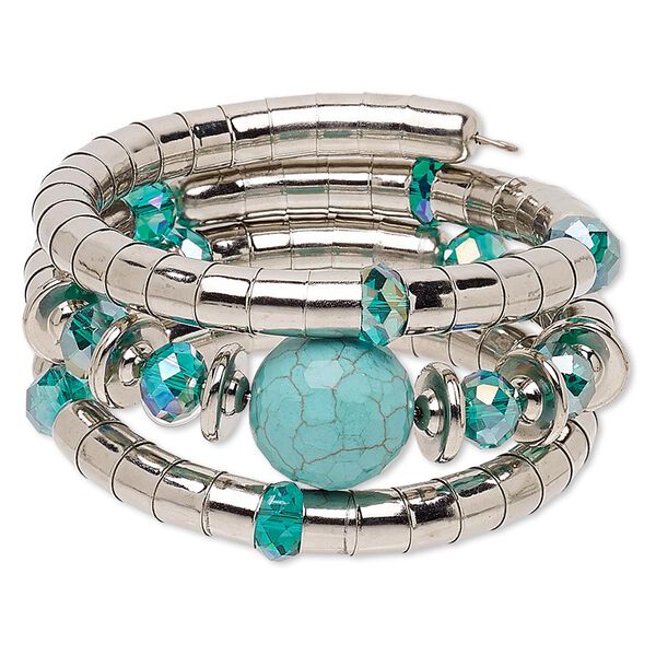 Bracelet, magnesite (dyed / stabilized) / silver-coated plastic / imitation rhodium-plated steel, turquoise blue AB and blue, 37mm wide with round, 7-inch adjustable. Sold individually. image number 0