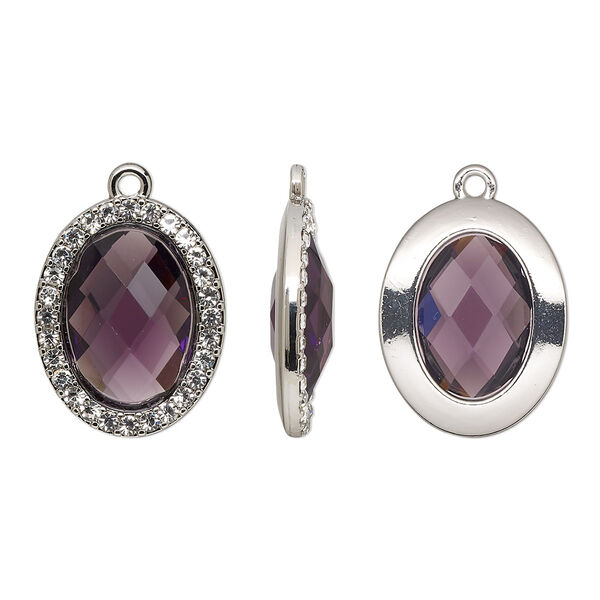 Drop, glass / glass rhinestone / imitation rhodium-finished "pewter" (zinc-based alloy), clear and transparent amethyst purple, 23.5x19mm single-sided oval. Sold per pkg of 2. image number 0