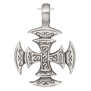Pendant, Powerful Pewter Pendants, antiqued pewter (tin-based alloy), 44x32mm double-sided cross with 6mm hole. Sold individually.