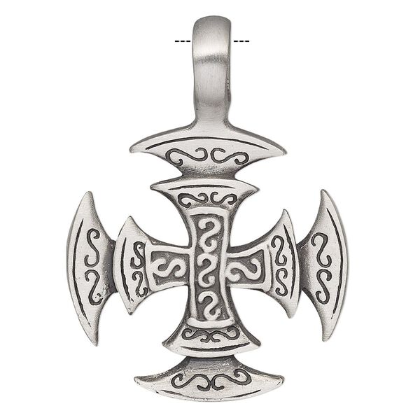Pendant, Powerful Pewter Pendants, antiqued pewter (tin-based alloy), 44x32mm double-sided cross with 6mm hole. Sold individually. image number 0