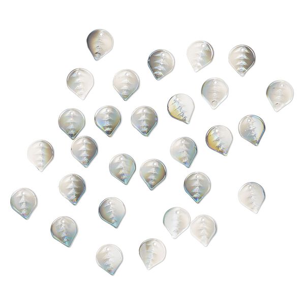 Drop, pressed glass, translucent metallic green rainbow, 12 x 10mm pressed leaf, top-drilled. Sold per pkg of 30. image number 0