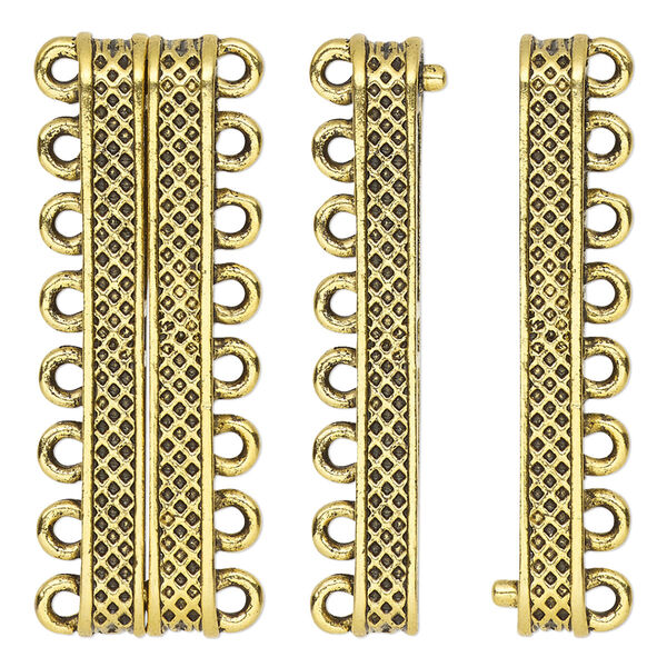 Clasp, 8-strand magnetic, antique gold-finished "pewter" (zinc-based alloy), 40x9mm rectangle with textured design. Sold individually. image number 0