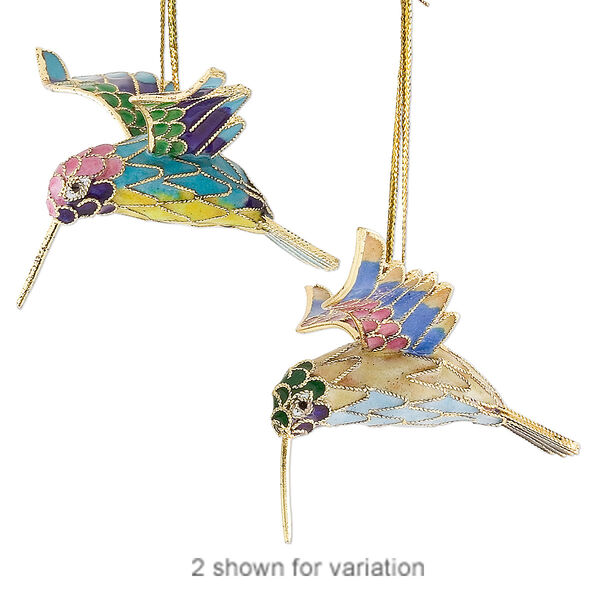 Ornament, cloisonné, enamel and gold-finished brass, multicolored, 2-3/4 x 2-1/2 x 1-1/2 inch hummingbird. Sold individually. image number 0