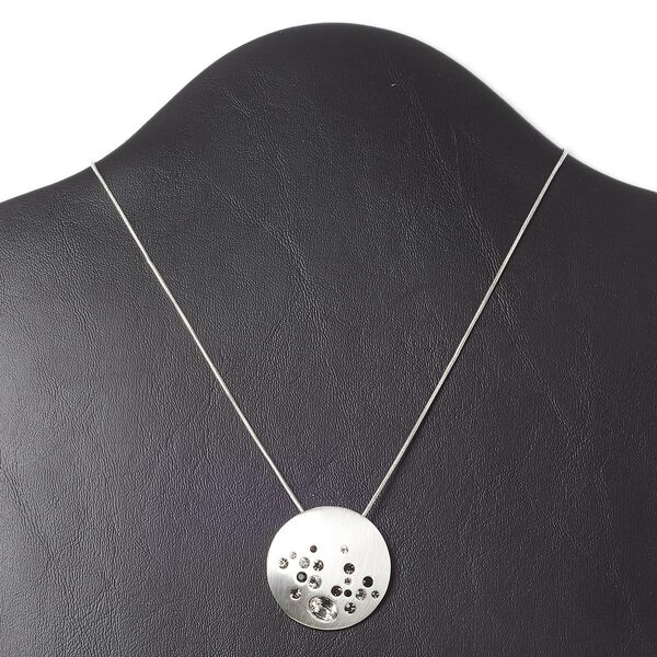 Necklace, crystals / glass rhinestone / silver-plated "pewter" (zinc-based alloy), crystal clear / smoke / black, 33mm brushed domed round, 16 inches with 3-inch extender chain and lobster claw clasp. Sold individually. image number 0