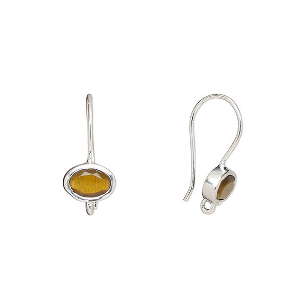 Ear wire, tigereye (natural) and sterling silver, 15.5mm fishhook with 7.5mm oval and closed loop, 22 gauge. Sold per pair. image number 0