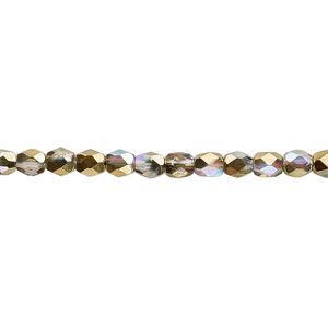 Bead, Czech fire-polished glass, two-tone clear AB and metallic amber gold, 4mm faceted round. Sold per 15-1/2" to 16" strand.