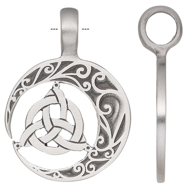 Pendant, antiqued pewter (tin-based alloy), 41x29.5mm single-sided half moon with Celtic knot. Sold individually. image number 0