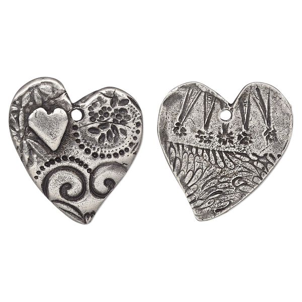 Charm, TierraCast®, "Vida Mas Dulce" collection, antiqued pewter (tin-based alloy), 24x23mm two-sided heart with amor design. Sold per pkg of 10. image number 0