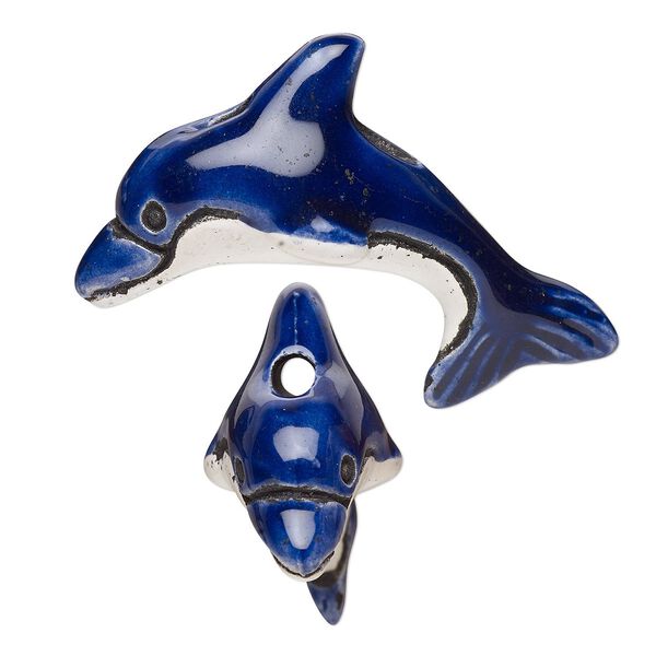 Bead, painted and glazed ceramic, blue / white / black, 37x25mm top-drilled 3D dolphin. Sold per pkg of 2. image number 0