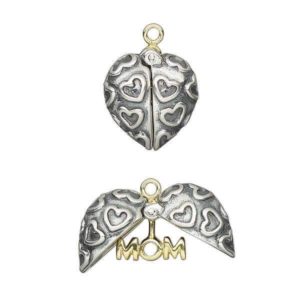 Charm, antiqued and gold-finished sterling silver, gold 15x13.5mm single-sided winged puffed heart with heart design and inner heart with "MOM." Sold individually. image number 0