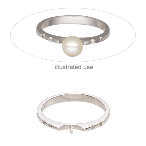 Ring, cubic zirconia and sterling silver, clear, 2mm wide with 3.5mm twisted peg, fits up to 8mm half-drilled round bead, size 9. Sold individually. image number 0