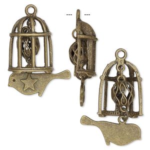 Focal, antique brass-plated "pewter" (zinc-based alloy), 41x28mm single-sided birdcage with cutout round and bird with star. Sold individually.