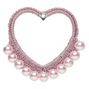 Focal, glass / nylon / steel, light pink, 50x49mm-52x49mm beaded open heart. Sold per pkg of 2.
