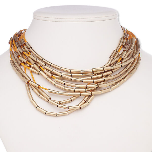 Necklace, multi-strand, waxed cotton cord / brass-coated plastic / brass-plated steel / brass, orange, tubes, 16 inches with 2-inch extender chain and lobster claw clasp. Sold individually. image number 0