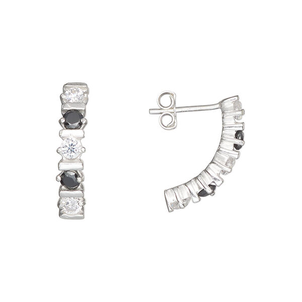 Earring, sterling silver and cubic zirconia, clear and black, 19mm with faceted round and post. Sold per pair. image number 0