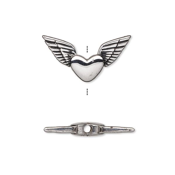 Bead, enamel and stainless steel, black, 23x13mm double-sided heart with wing. Sold individually. image number 0