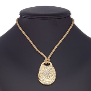 Necklace, glass rhinestone / imitation leather / gold-coated plastic / gold-finished steel / "pewter" (zinc-based alloy), tan and opal, 49x33mm oval, 16 inches with 2-inch extender chain and lobster claw clasp. Sold individually.