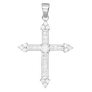 Pendant, cubic zirconia and rhodium-plated sterling silver, clear, 33x27mm cross. Sold individually.