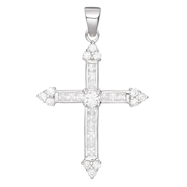 Pendant, cubic zirconia and rhodium-plated sterling silver, clear, 33x27mm cross. Sold individually. image number 0