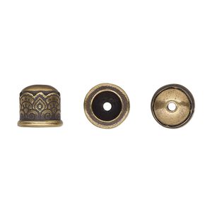 Cord end, TierraCast®, antique brass-plated pewter (tin-based alloy), 9mm with temple design, 5.7mm inside diameter. Sold per pkg of 20.