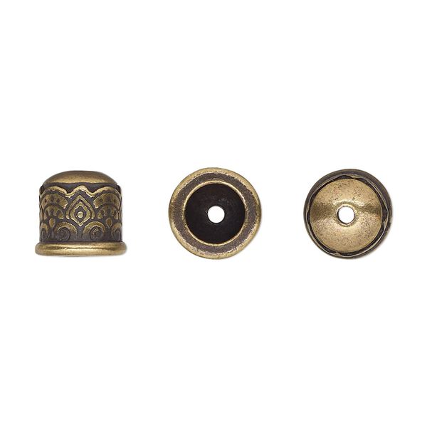 Cord end, TierraCast®, antique brass-plated pewter (tin-based alloy), 9mm with temple design, 5.7mm inside diameter. Sold per pkg of 20. image number 0